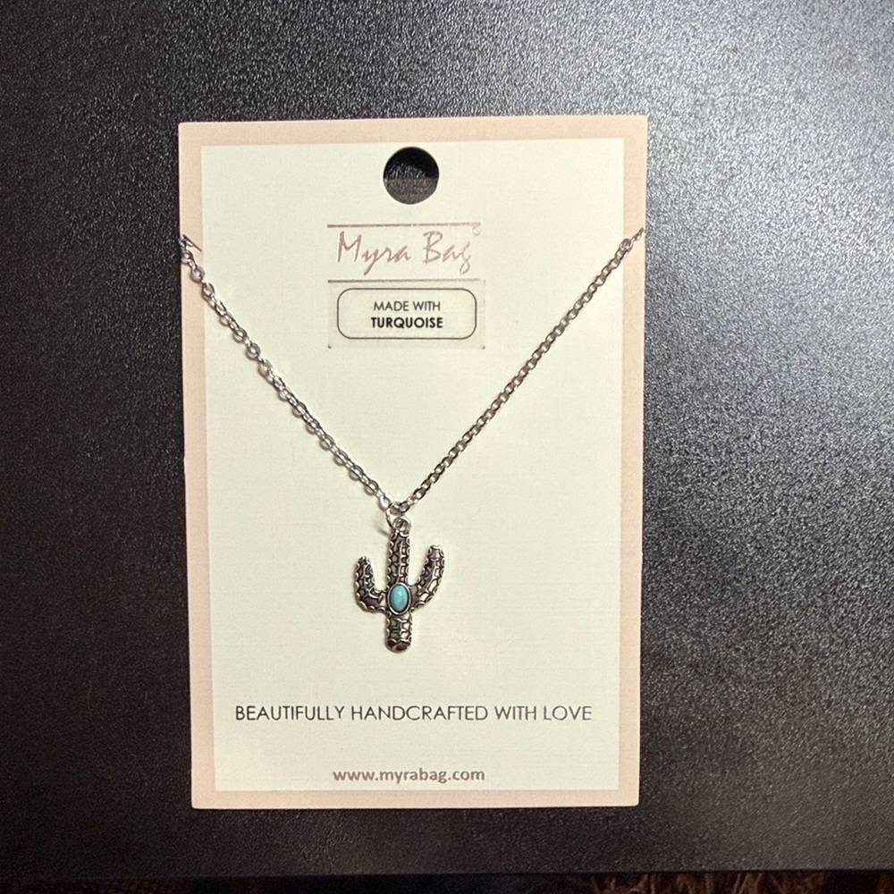 Myra Bag Silver Necklace with Turquoise Cactus Pendant